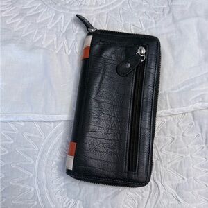 Elegant Black Leather Women’s Wallet with Orange and White Accents